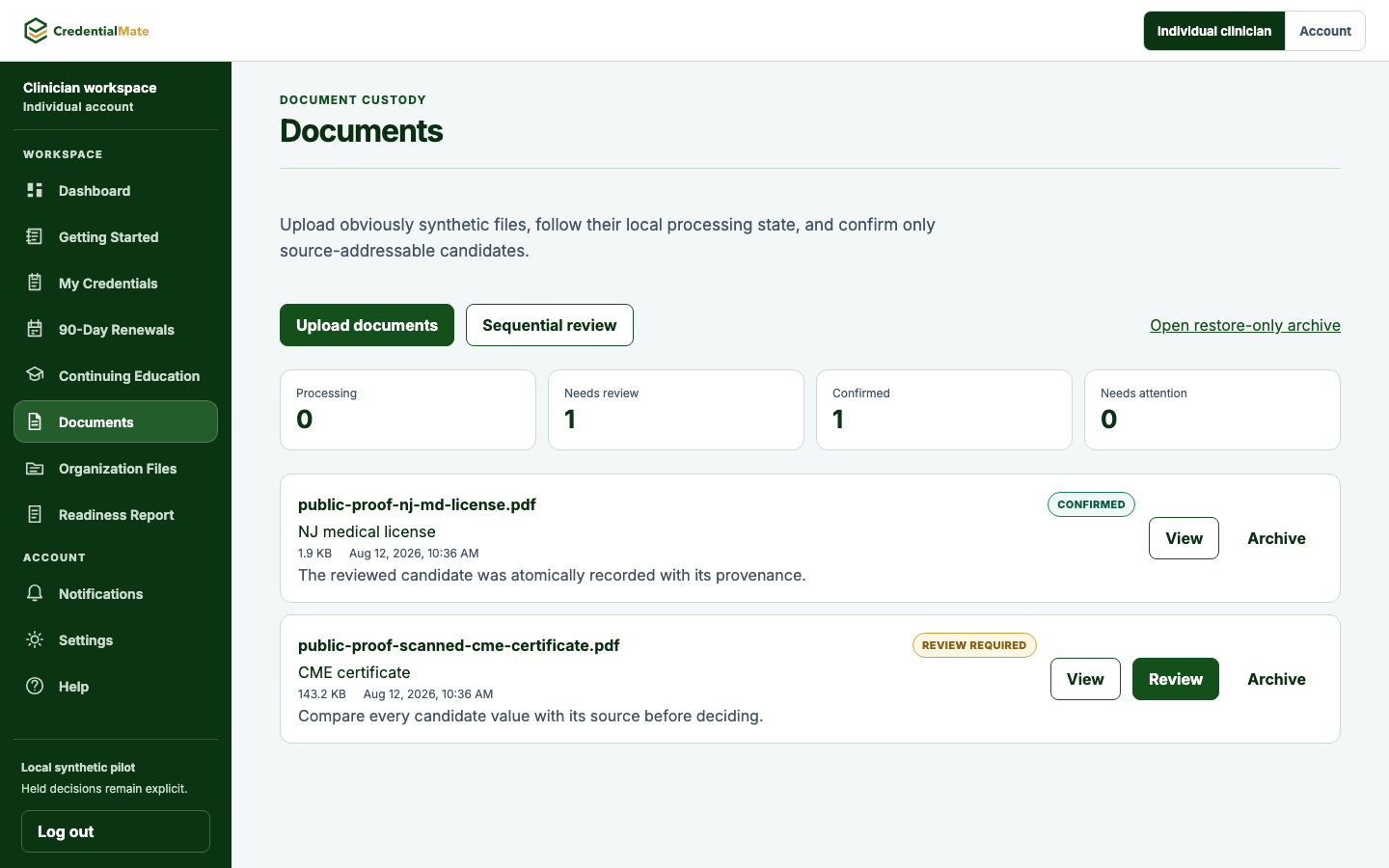 The actual local document workspace with synthetic upload controls, one confirmed license record, and one CME record awaiting review.