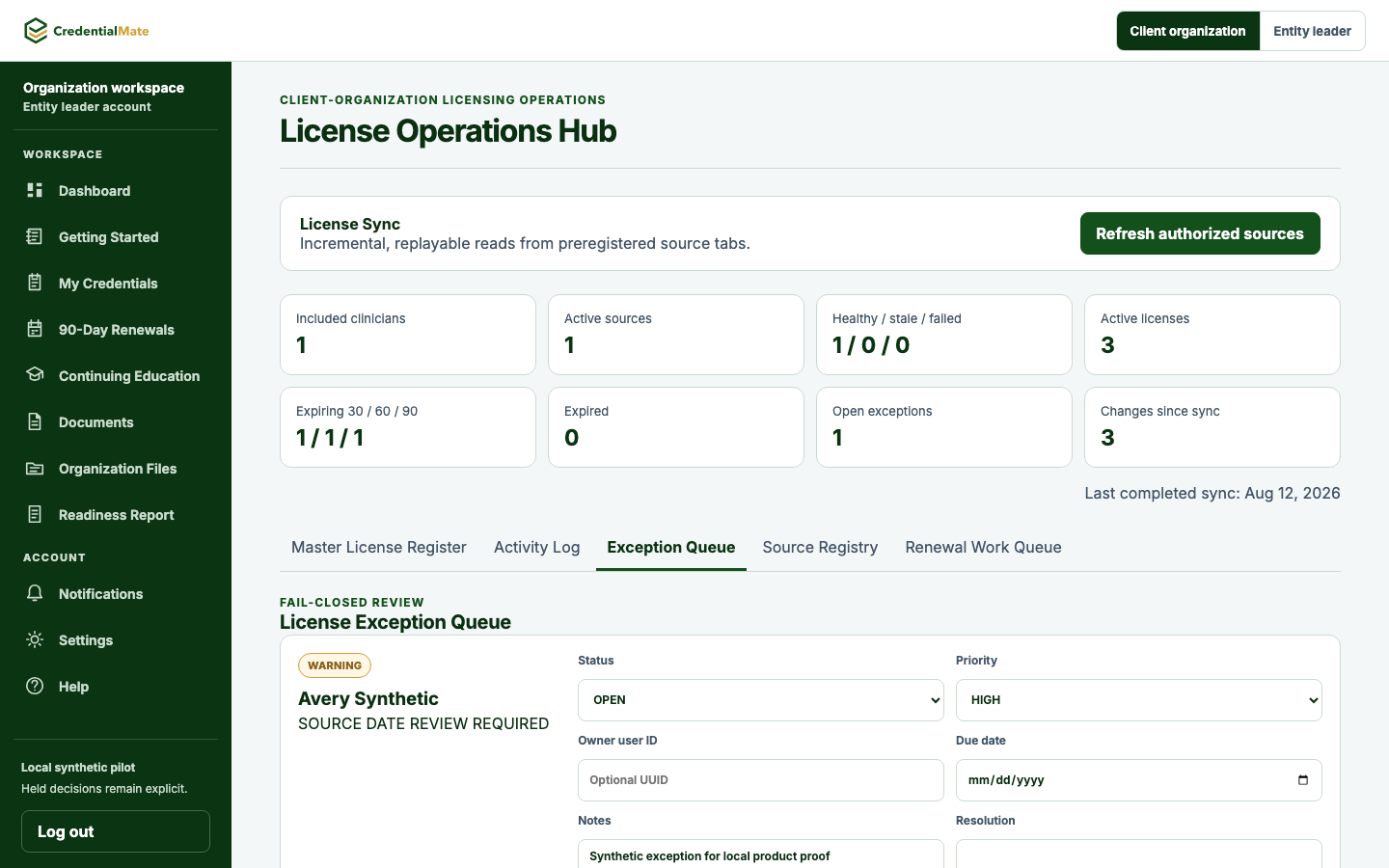 The actual License Exception Queue showing a synthetic warning, review status and priority controls, and empty optional ownership fields.
